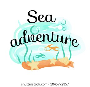 Sea adventure icon with inscription depicting diversity of marine life isolated vector illustration on white background in cartoon style