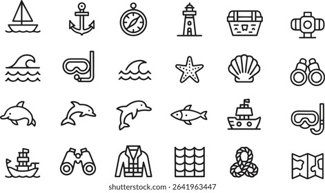 Sea Adventure Line Icons Set. Sailing, Exploration, Treasure, Waves. Vector Illustration. Editable Stroke	