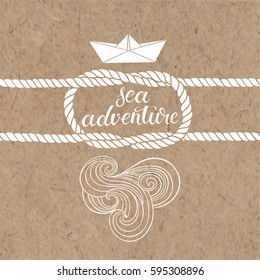 Sea adventure. Marine monochrome background on kraft paper.  Can be greeting cards, invitations, flyers, element for design.