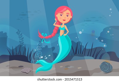 Sea adventure with marine wild nature, mermaid and fishes. Underwater life of sea creatures. Girl with fish tail and long hair smiles and swims in blue water. Cartoon nautical character lives in ocean