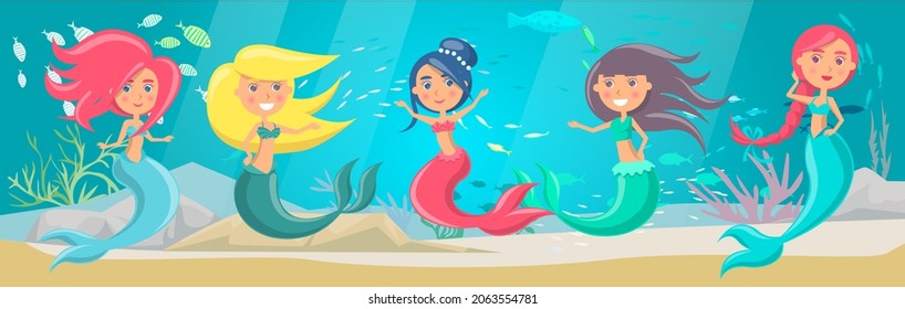 Sea adventure with marine wild nature, mermaid and fishes. Underwater life of sea creatures. Girl with fish tail and long hair smiles and swims in blue water. Cartoon nautical character lives in ocean