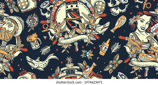 Sea adventure. Nautical art. Seamless pattern. Old school tattoo background. Old captain, lighthouse and sailor girl pin up style