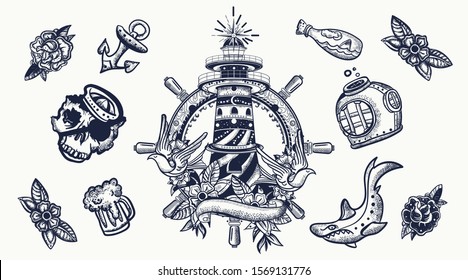 Sea adventure. Nautical elements. Traditional tattooing style. Lighthouse, anchor, shark and steering wheel. Old school tattoo set 