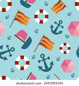 Sea adventure pattern with sea and sailing icons, anchor, lifebuoy, flag. Vector flat design for poster, card, wallpaper, placard, banner, packaging.