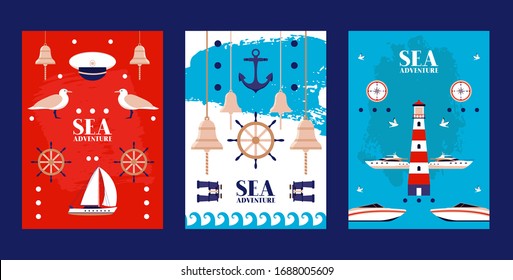 Sea adventure poster, peaked cap, seagull, lighthouse, binoculars, boat, yacht, sailboat, bell, flat vector illustration. Water surface ocean place water navigate design web banner