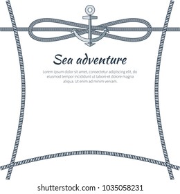 Sea adventure poster and text sample with lettering, rope serving as frame, anchor above headline, vector illustration isolated on white background