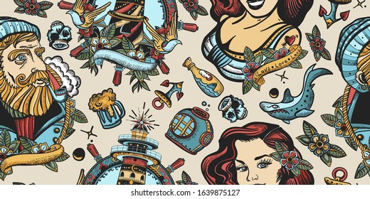 Sea adventure seamless pattern. Nautical art. Old school tattoo style. Sea wolf captain, lighthouse and sailor girl. Traditional tattooing concept 