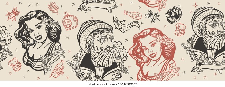 Sea adventure seamless pattern. Old school tattoo style. Sea wolf captain and sailor girl. Traditional tattooing  art  