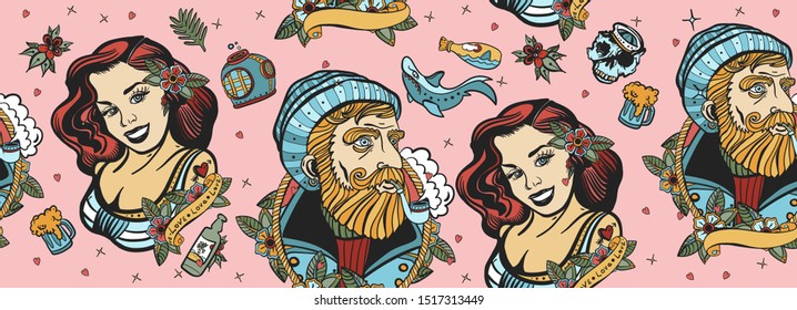 Sea adventure seamless pattern. Old captain and sailor girl. Traditional tattooing art, old school style. Nautical background 