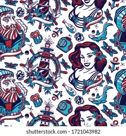 Sea adventure seamless pattern. Old captain, lighthouse and sailor girl pin up style. Nautical art. Old school tattoo background 