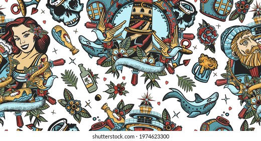 Sea adventure seamless pattern. Old school tattoo background. Old captain, lighthouse and sailor girl pin up style. Nautical art 