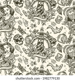 Sea adventure seamless pattern. Old school tattoo background. Old captain, lighthouse and sailor girl pin up style