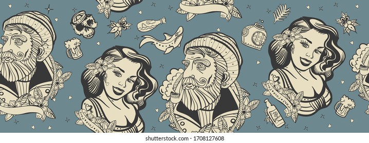 Sea adventure seamless pattern. Retro background. Old school tattoo style. Sea wolf captain and sailor girl. Traditional tattooing art 