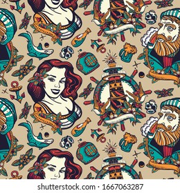 Sea adventure seamless pattern. Sea wolf captain, lighthouse and sailor girl. Nautical art. Old school tattoo style 