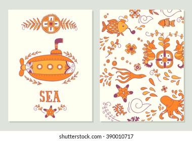 Sea adventure. set of cards with hand drawn elements