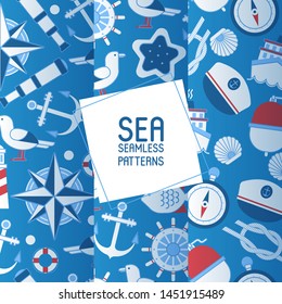 Sea adventure set of seamless patterns vector illustration. Nautical collection of things such as ship wheel, spyglass, compass, anchor, cap and knot. Marine equipment on blue background.