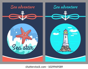 Sea adventure and star, two color vector illustrations with grey frame, sea wave and calm marine water, cordage spirals, two anchors, flexible cordage