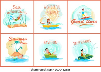 Sea adventure and summer collection of banners and headlines, scuba diving and boating, surfing and sea adventure of summer set vector illustration