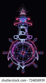 Sea adventure tattoo and t-shirt design. Anchor, steering wheel, compass, lighthouse. Symbol of maritime adventure, tourism, travel 