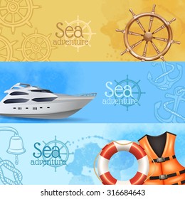 Sea adventure and travel horizontal realistic banners set with yacht and helm isolated vector illustration 