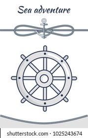 Sea adventure, vector cordage ropes collection, illustration with spiral cordages isolated on white backdrop, big grey handwheel, curved rope on bottom