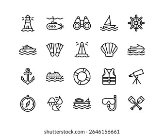 Sea Adventure Vector Icon Set | Adjustable Line Weight | Boat, anchor, lighthouse, diving, submarine, sailing, compass, marine, flippers, cruise, ocean, travel, exploration icons