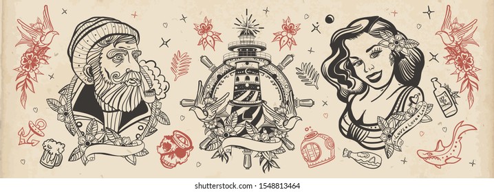 Sea adventure vintage collection. Old school tattoo. Sea wolf captain, sailor girl, lighthouse, anchor, shark and steering wheel. Traditional tattooing style. Marine elements 