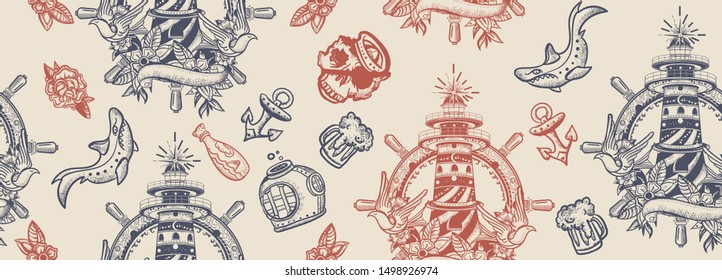 Sea adventure vintage seamless pattern. Old school tattoo. Lighthouse, anchor, shark and steering wheel. Marine art. Traditional tattooing style 