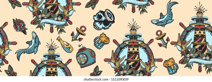 Sea adventure vintage seamless pattern. Traditional tattooing style. Lighthouse, anchor, shark and steering wheel. Marine art. Old school tattoo 