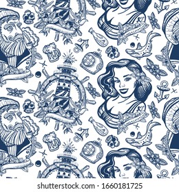 Sea adventure vintage seamless pattern. Nautical art. Old school tattoo style. Sea wolf captain, lighthouse and sailor girl