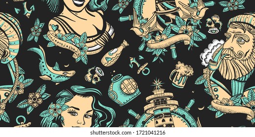 Sea adventure vintage seamless pattern. Sea wolf captain, lighthouse and sailor girl. Nautical art. Old school tattoo style. Traditional tattooing concept 