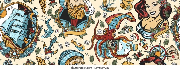 Sea adventure vintage seamless pattern. Old school tattoo style. Marine background. Nautical art. Funny underwater monster. Sea wolf captain, octopus kraken, pirate ship and sailor girl 