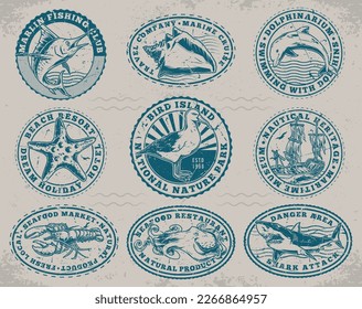 Sea adventure vintage set labels monochrome with fish and ocean animals for southern resorts and museums or restaurants vector illustration