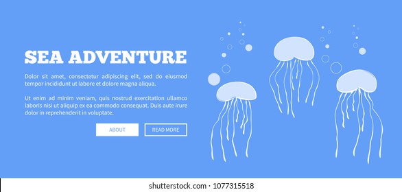 Sea adventure web poster with abstract cartoon jellyfishes sailing in sea or ocean vector illustration with place for your text