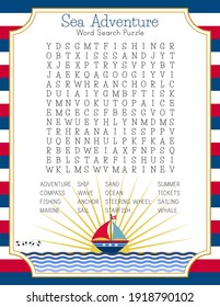 Sea adventure word search puzzle for learning English words. Summer crossword. Nautical theme. Printable worksheet. Party card. Boat on the waves. Vector illustration. 