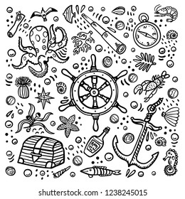 Sea adventures coloring page. Marine hand drawn vector objects. Doodle style vector illustration