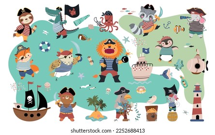 Sea adventures elements, pirate collection. Sailor robber, boats ships and treasure. Cartoon octopus and rum bottle. Cute nowaday animals vector set