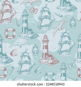 Sea adventures pattern seamless colorful with ships and coastal lighthouses for sailors and seagulls flying in sky vector illustration