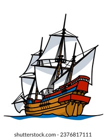 Sea adventures. A sailing ship is heading for unknown islands. Vector image for prints, poster and illustrations.