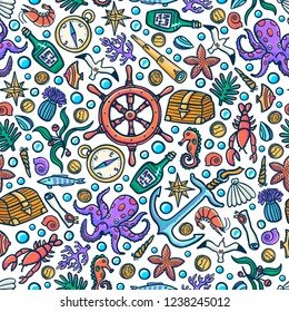 Sea adventures seamless pattern. Marine hand drawn vector objects. Doodle style vector illustration