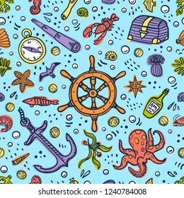 Sea adventures seamless pattern on blue background. Marine objects and creatures. Doodle style vector illustration