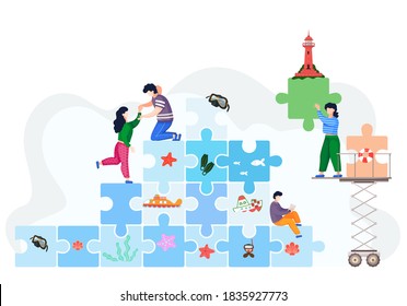 Sea adventures set - cute starfish, ship, lighthouse, marine plants, funny submarine, snorkeling mask and fins. People and attributes of a boat trip in the form of individual puzzle pieces