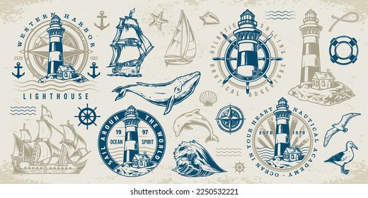 Sea adventures set logotypes colorful lighthouses and ancient ships near ocean underwater fish and birds vector illustration