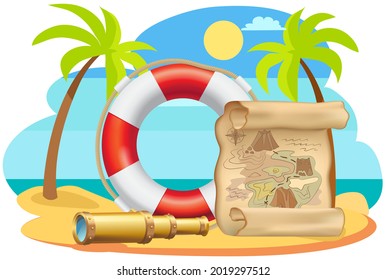 Sea adventures, summer trip and travel poster. Marine cruise and nautical travelling advertising placard with attributes of water travel spyglass, old map and lifebuoy on sandy shore with palm trees