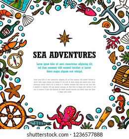 Sea adventures template. Marine hand drawn vector objects. Doodle style vector illustration