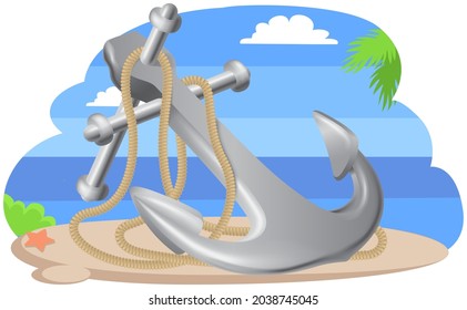 Sea adventures and tourism object. Iron anchor with long rope for boat braking, maritime concept. Equipment for vessel on journey. Metal facility holding ship near coast. Huge steel hook with cord