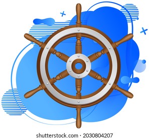 Sea adventures and tourism object. Wooden and metal steering wheel for setting right direction of ship isolated on white background. Nautical cruise and sea travelling. Rudder for boat control