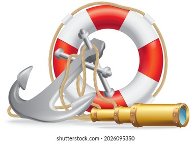 Sea adventures and tourism objects set. Marine cruise, ocean journey and sea travelling lifebuoy, spyglass, ship anchor. Essential technologies for any ship travel boat control, nautical tourism