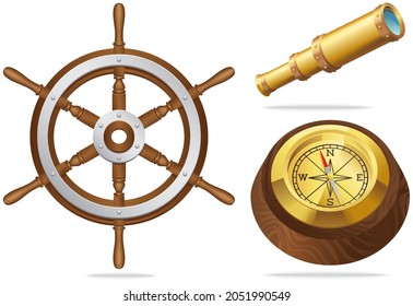 Sea adventures and tourism objects set. Marine cruise, ocean journey and sea travelling compass, telescope and metal vintage steering wheel. Essential technologies for any ship travel boat control