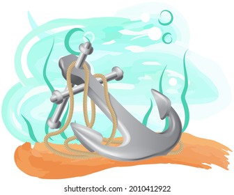 Sea adventures and tourism poster. Nautical cruise and sea travelling advertising placard with attribute of water travel anchor on rope on sand at depth under water on blue background with marine life